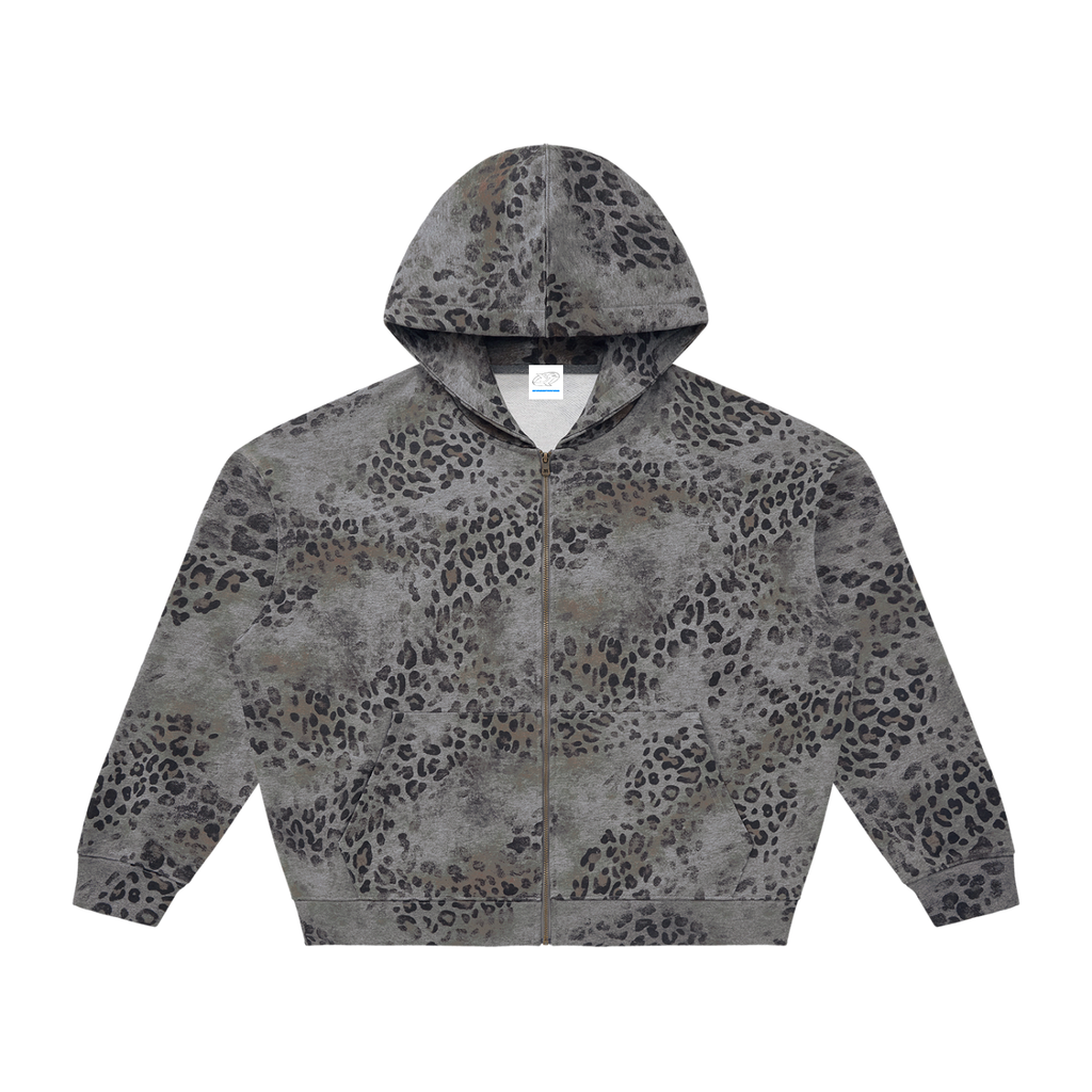 Unisex Vintage Wash Leopard Full Zip Hoodie