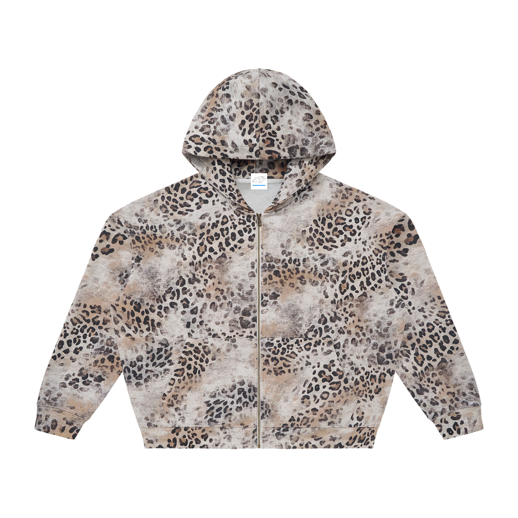 Unisex Vintage Wash Leopard Full Zip Hoodie